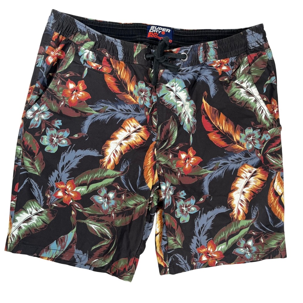 Superdry Sun Scorched Shorts Mens Large Black Tropical Floral Drawstring Pockets